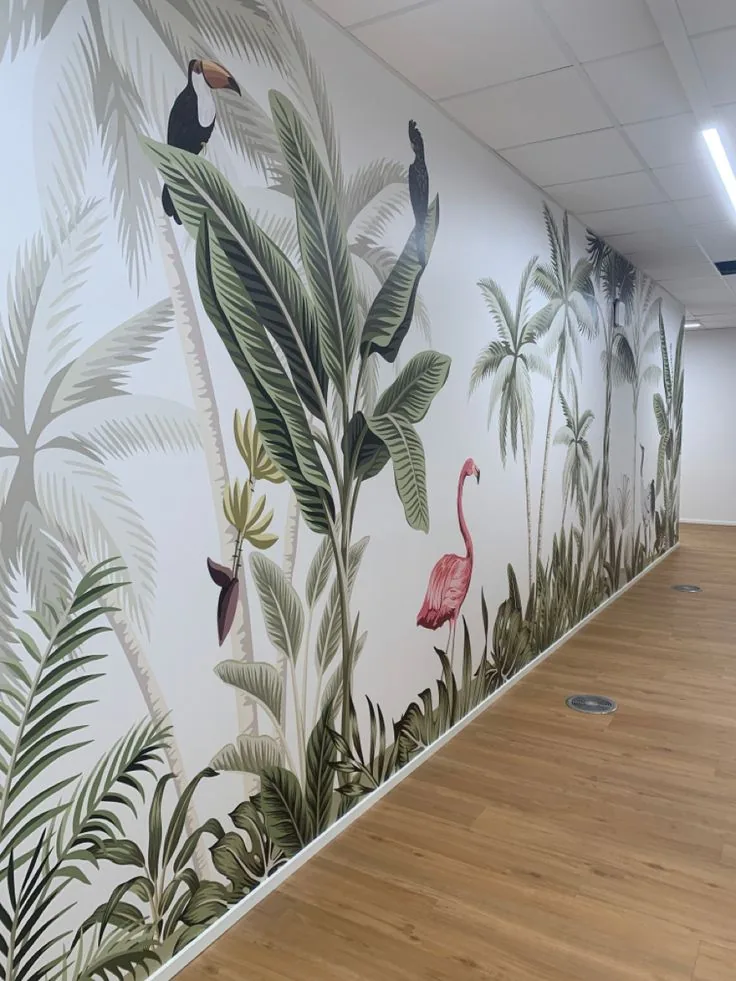 Tropical jungle mural in office hallway