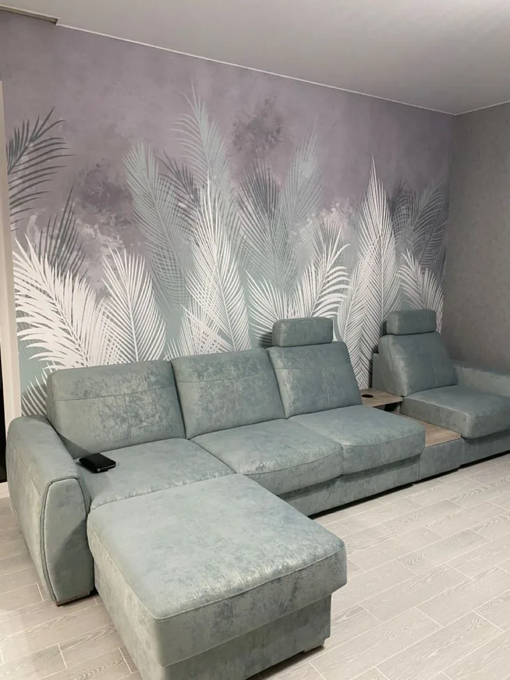 Botanical palm wallpaper in modern living room